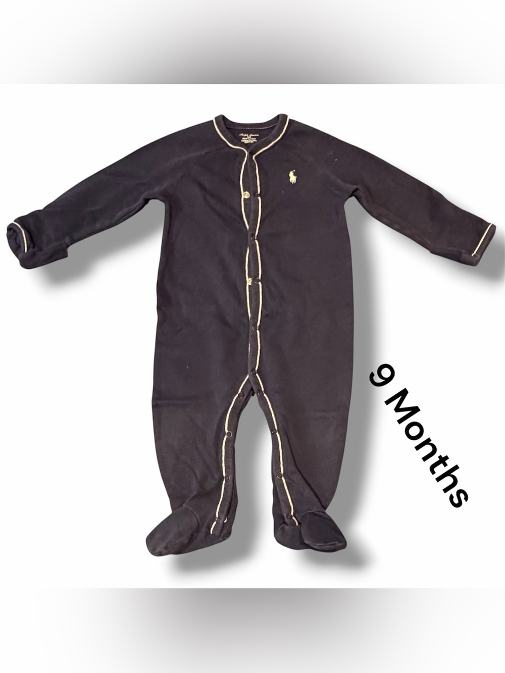 EUC Ralph Lauren Navy Footed One-Piece w/ Foldover Mits & Contrast Trim - 9 Mos